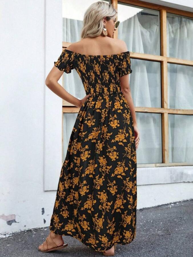 Kadın Kısa Kollu Madonna Yaka Yırtmaçlı çiçek Desenli Süprem Elbise - 4