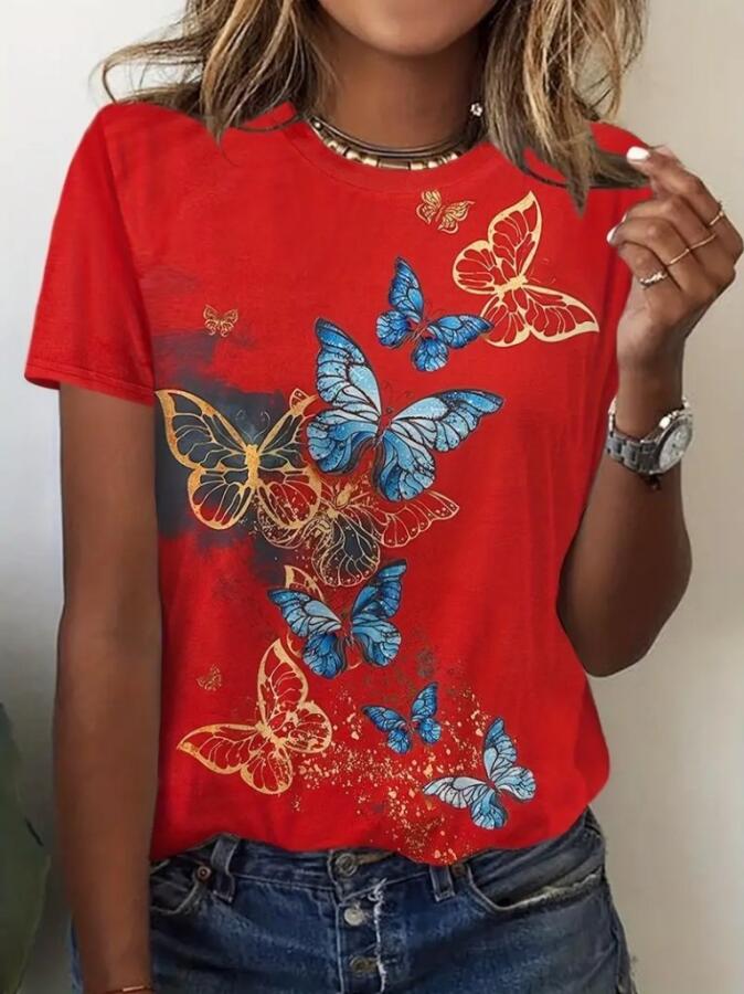 Kadın Kısa Kollu Mavi Sarı Kelebek Baskı Süprem Bluz - 1