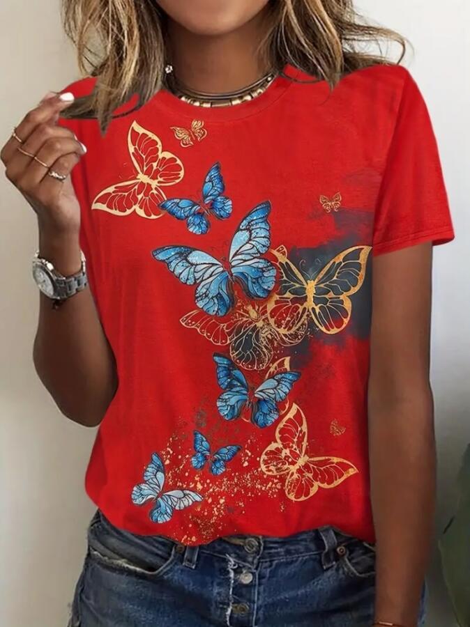 Kadın Kısa Kollu Mavi Sarı Kelebek Baskı Süprem Bluz - 3