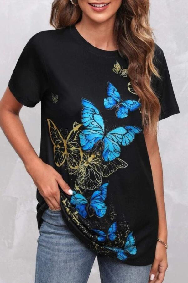 Kadın Kısa Kollu Mavi Sarı Kelebek Baskı Süprem T-shirt - 1
