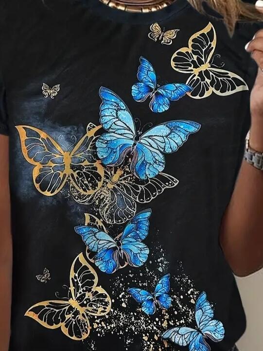 Kadın Kısa Kollu Mavi Sarı Kelebek Baskı Süprem T-shirt - 3