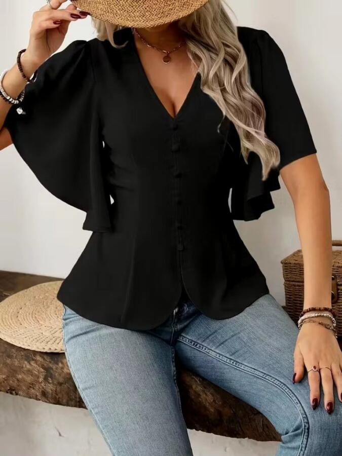Kadın Kısa Kollu önden Düğmeli Ithal Krep Bluz - 3