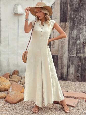 Kadın Kısa Kollu önden Düğmeli Paçaya Doğru Geniş Cepli Uzun Bürümcük Tulum - ANGELINO BuyukBedeniz (1)