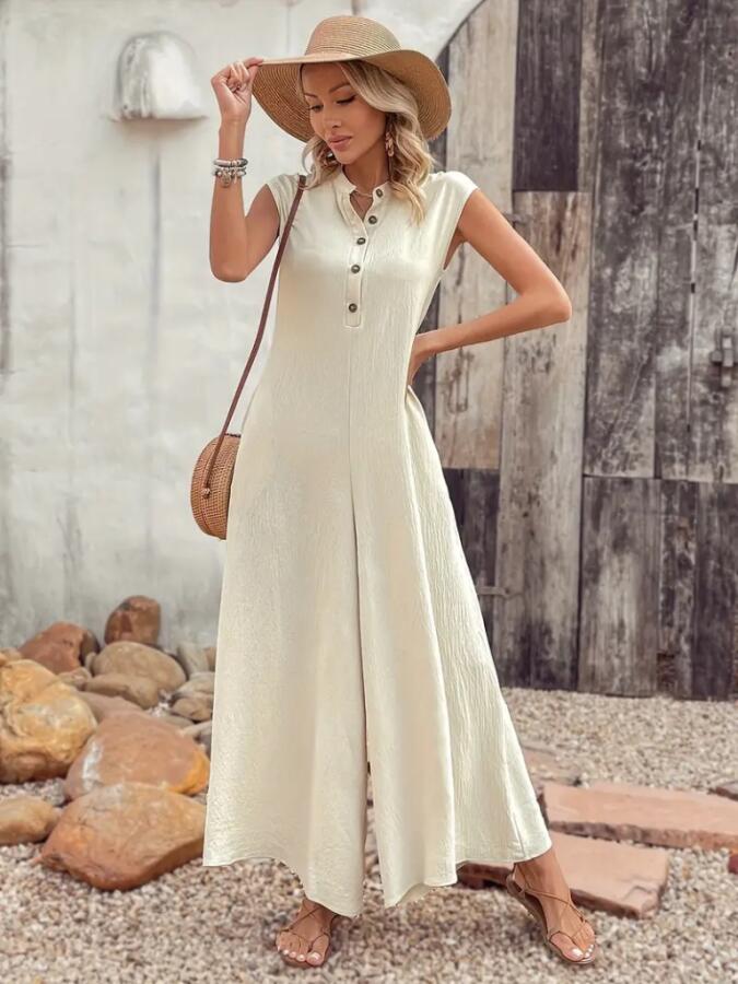 Kadın Kısa Kollu önden Düğmeli Paçaya Doğru Geniş Cepli Uzun Bürümcük Tulum - 2