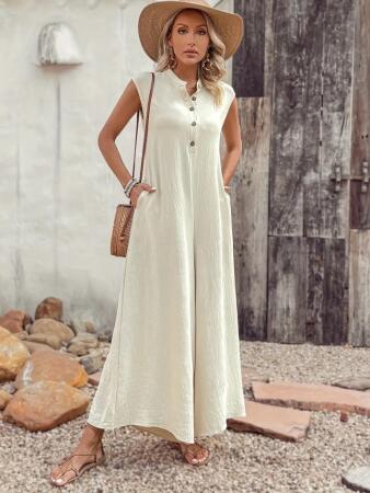 Kadın Kısa Kollu önden Düğmeli Paçaya Doğru Geniş Cepli Uzun Bürümcük Tulum - 3