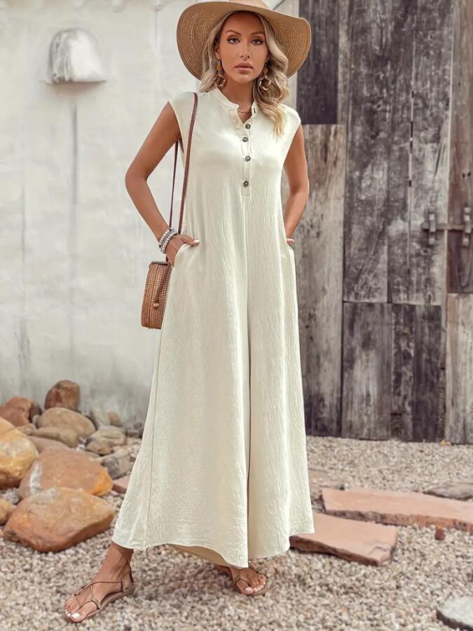 Kadın Kısa Kollu önden Düğmeli Paçaya Doğru Geniş Cepli Uzun Bürümcük Tulum - 3