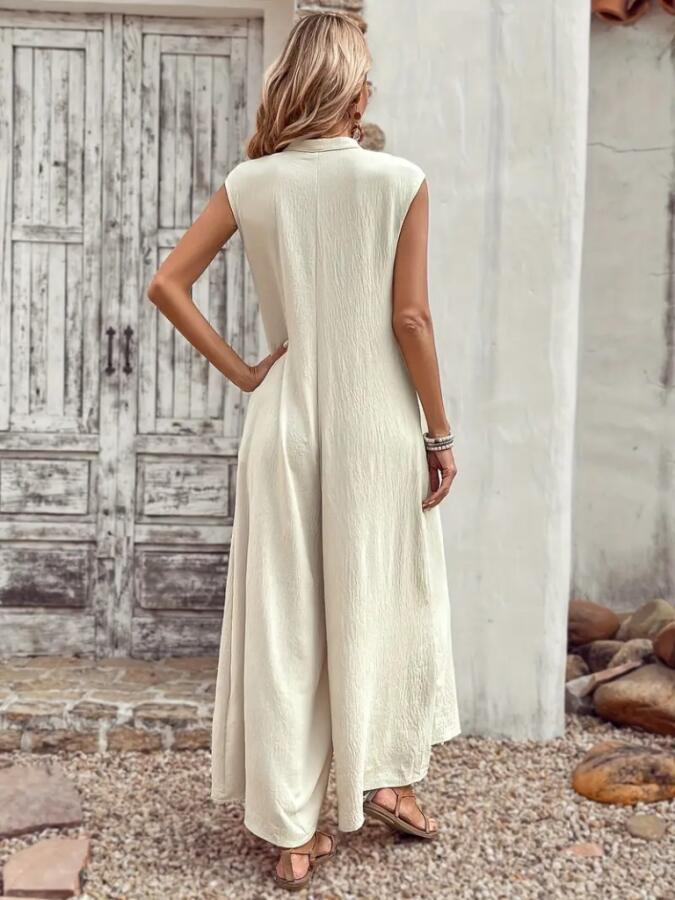 Kadın Kısa Kollu önden Düğmeli Paçaya Doğru Geniş Cepli Uzun Bürümcük Tulum - 4