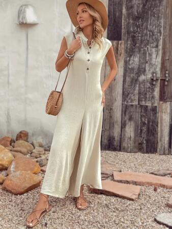 Kadın Kısa Kollu önden Düğmeli Paçaya Doğru Geniş Cepli Uzun Bürümcük Tulum - 5