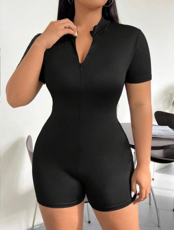 Kadın Kısa Kollu önü Fermuarlı Bodycon Dalgıç Tulum - 6