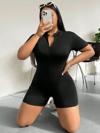 Kadın Kısa Kollu önü Fermuarlı Bodycon Dalgıç Tulum - 7