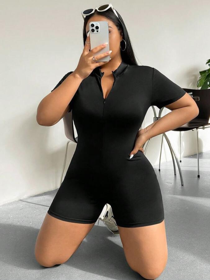 Kadın Kısa Kollu önü Fermuarlı Bodycon Dalgıç Tulum - 7