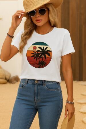 Kadın Kısa Kollu Palmiye Baskılı Viskon T-shirt - ANGELINO BuyukBedeniz