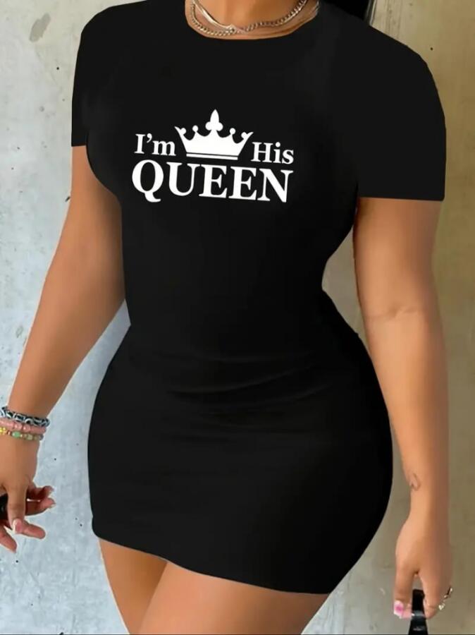 Kadın Kısa Kollu Queen Baskı Iki Iplik Mini Elbise - 2