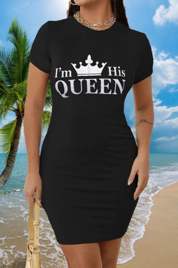 Kadın Kısa Kollu Queen Baskı Iki Iplik Mini Elbise - 6