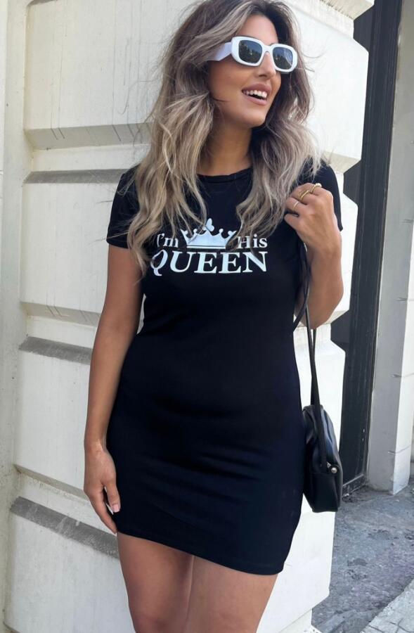 Kadın Kısa Kollu Queen Baskı Iki Iplik Mini Elbise - 7