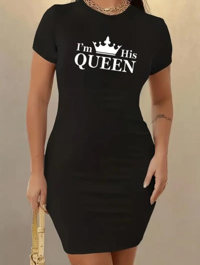 Kadın Kısa Kollu Queen Baskı Iki Iplik Mini Elbise - 11