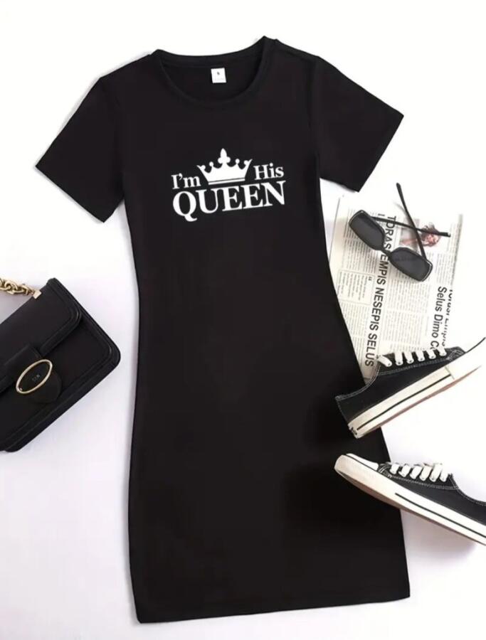 Kadın Kısa Kollu Queen Baskı Iki Iplik Mini Elbise - 12