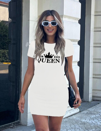 Kadın Kısa Kollu Queen Baskı Iki Iplik Mini Elbise - 1