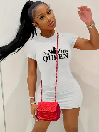 Kadın Kısa Kollu Queen Baskı Iki Iplik Mini Elbise - 2