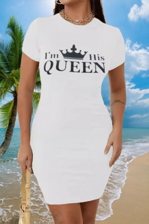 Kadın Kısa Kollu Queen Baskı Iki Iplik Mini Elbise - 6