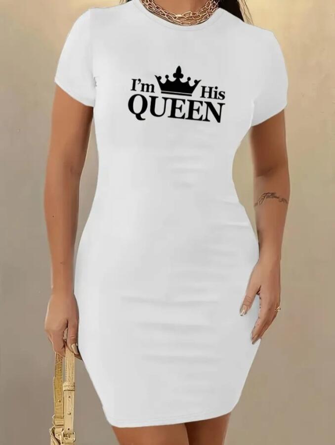Kadın Kısa Kollu Queen Baskı Iki Iplik Mini Elbise - 7