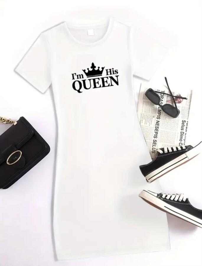 Kadın Kısa Kollu Queen Baskı Iki Iplik Mini Elbise - 8