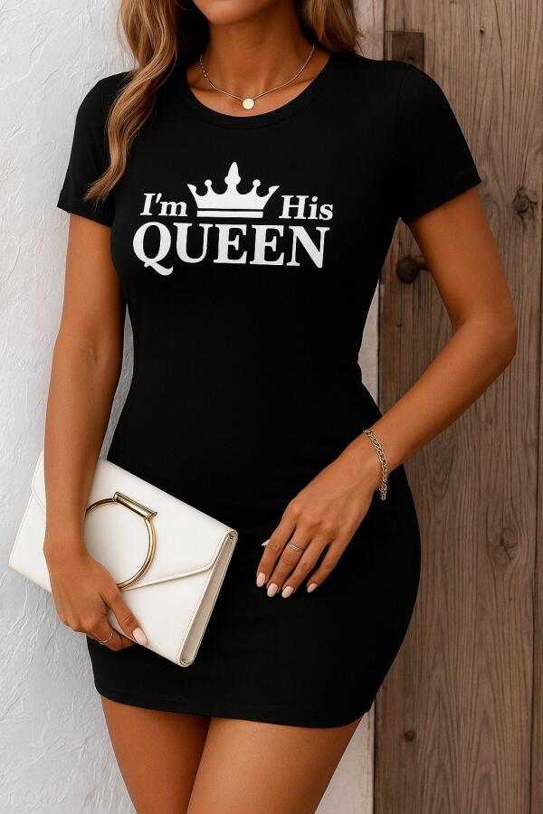 Kadın Kısa Kollu Queen Baskı Iki Iplik Mini Elbise - 1