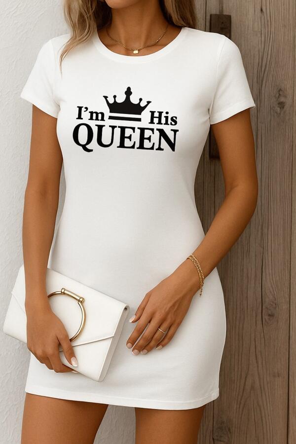 Kadın Kısa Kollu Queen Baskı Iki Iplik Mini Elbise - 1