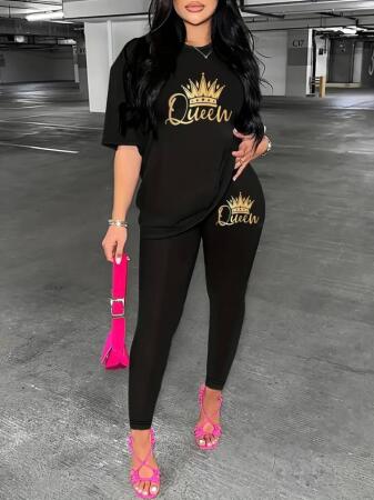 Kadın Kısa Kollu Queen Baskı Viskon Ikili Takım - 5