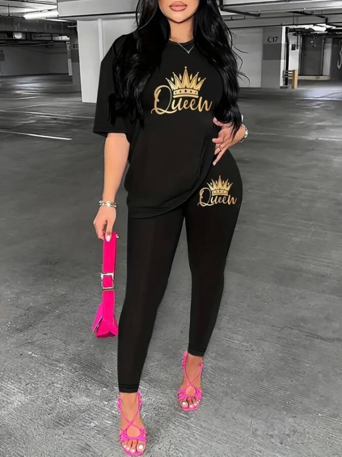 Kadın Kısa Kollu Queen Baskı Viskon Ikili Takım - 5