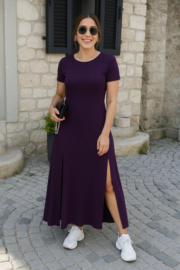 Kadın Kısa Kollu Sırt Dekolteli Yırtmaç Detaylı Viskon Elbise - 2