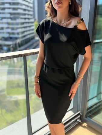 Kadın Kısa Kollu Tek Omuz Askı Ve Aksesuar Detay Beli Lastikli Krep Elbise - ANGELINO BuyukBedeniz (1)