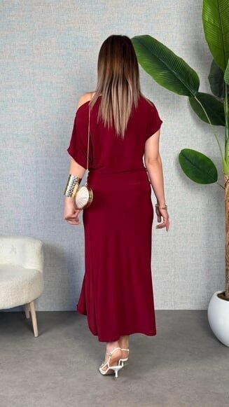 Kadın Kısa Kollu Tek Omuzdan Açık Beli Lastikli Sandy Maxi Elbise - 4