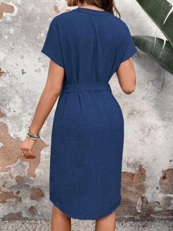 Kadın Kısa Kollu V Hakim Yaka Belden Kuşaklı Valencia Elbise - 3