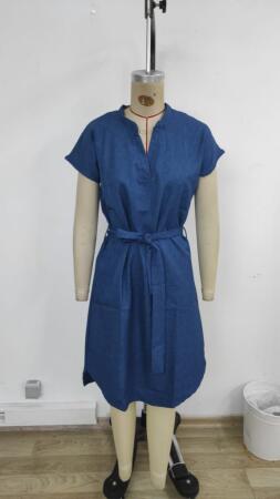 Kadın Kısa Kollu V Hakim Yaka Belden Kuşaklı Valencia Elbise - 5