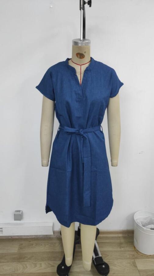 Kadın Kısa Kollu V Hakim Yaka Belden Kuşaklı Valencia Elbise - 5