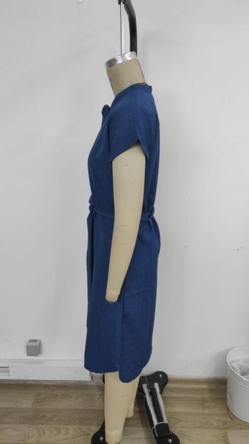 Kadın Kısa Kollu V Hakim Yaka Belden Kuşaklı Valencia Elbise - 6