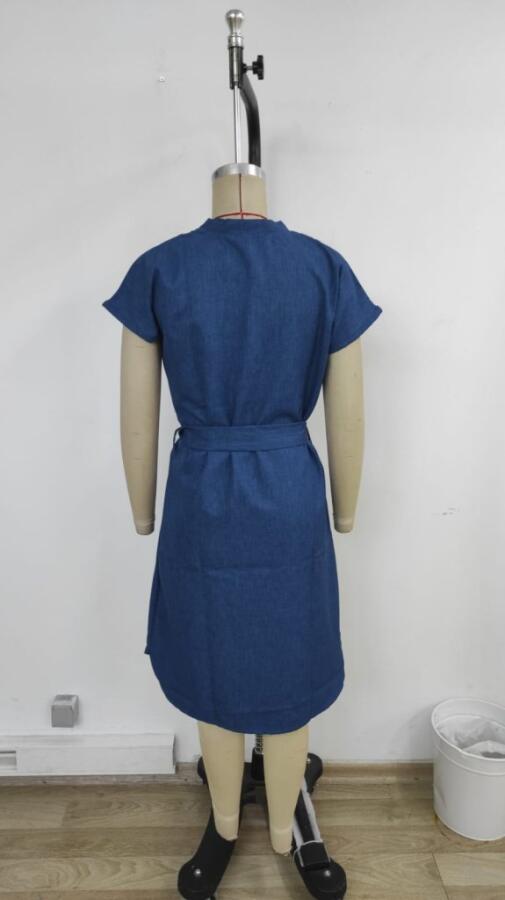 Kadın Kısa Kollu V Hakim Yaka Belden Kuşaklı Valencia Elbise - 7