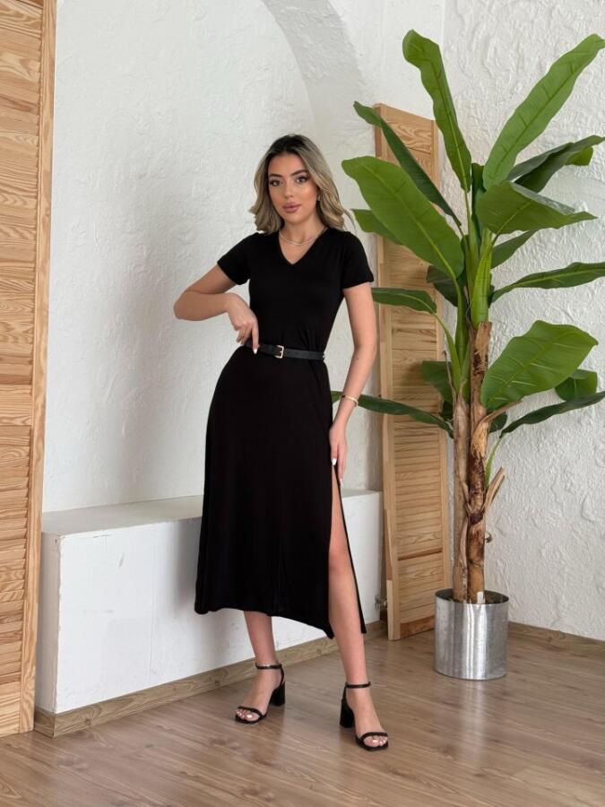 Kadın Kısa Kollu V Yaka Maxi Boy Elbise 124 Cm - 1