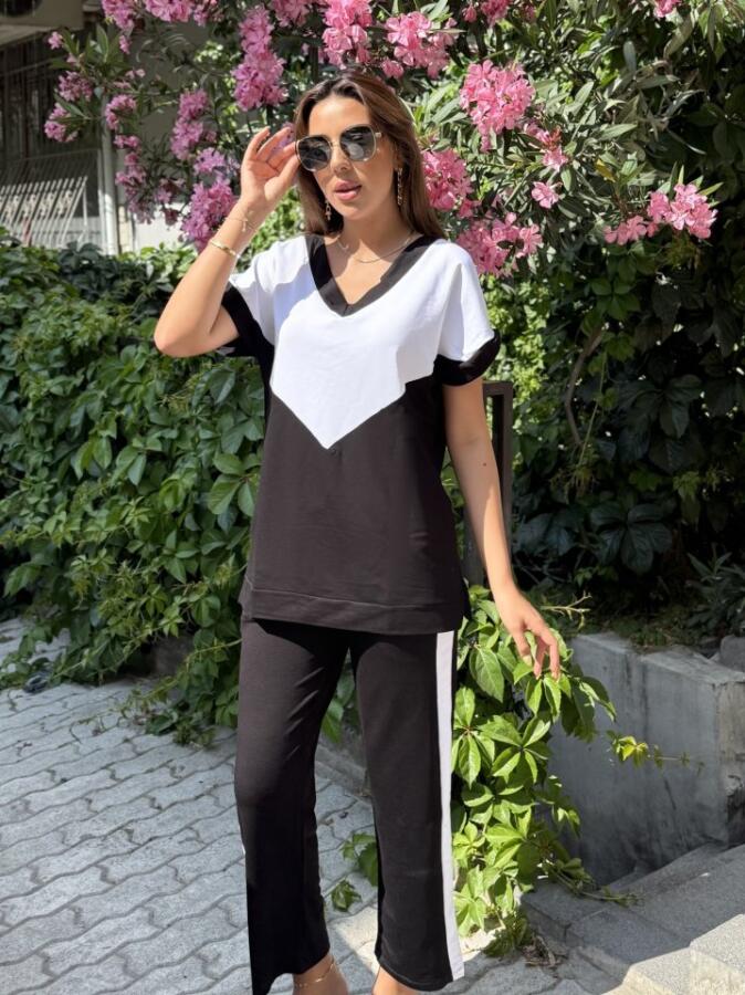Kadın Kısa Kollu V Yaka Siyah Beyaz Renkli Viskon Iki Iplik Kumaş Eşofman Takımı - 2