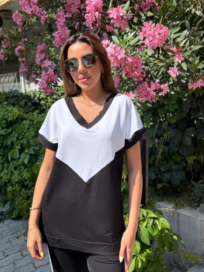 Kadın Kısa Kollu V Yaka Siyah Beyaz Renkli Viskon Iki Iplik Kumaş Eşofman Takımı - 3