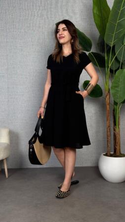 Kadın Kısa Kollu V Yakalı Beli Kuşaklı Ithal Keten Elbise - ANGELINO BuyukBedeniz