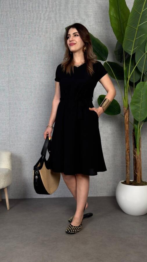 Kadın Kısa Kollu V Yakalı Beli Kuşaklı Ithal Keten Elbise - 1