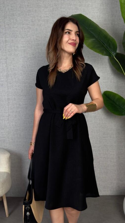 Kadın Kısa Kollu V Yakalı Beli Kuşaklı Ithal Keten Elbise - 2