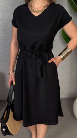 Kadın Kısa Kollu V Yakalı Beli Kuşaklı Ithal Keten Elbise - 3