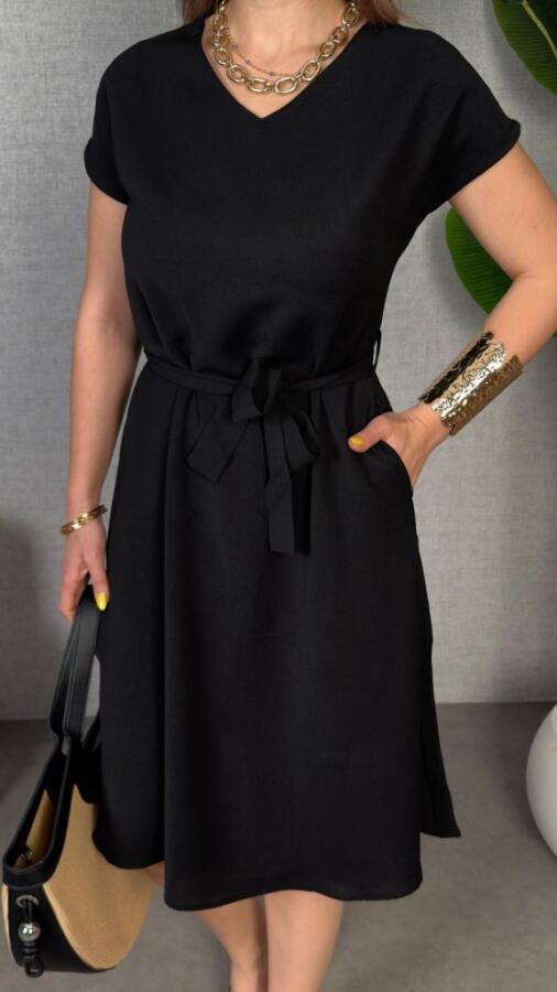 Kadın Kısa Kollu V Yakalı Beli Kuşaklı Ithal Keten Elbise - 3