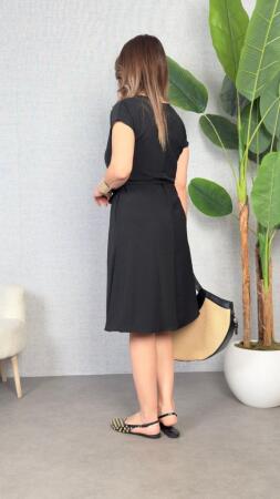 Kadın Kısa Kollu V Yakalı Beli Kuşaklı Ithal Keten Elbise - 4