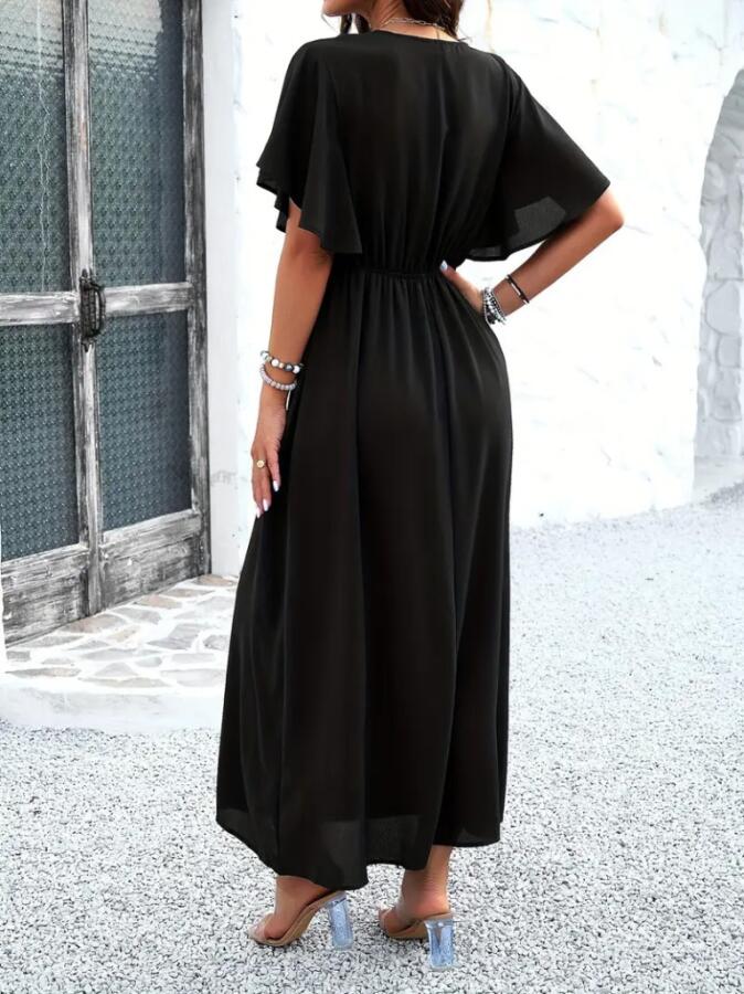 Kadın Kısa Kollu V Yakalı Beli Lastikli Uzun Viskon Elbise - 2