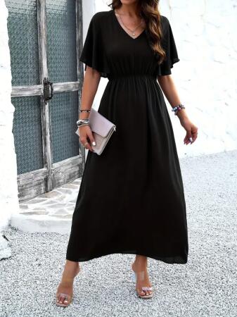 Kadın Kısa Kollu V Yakalı Beli Lastikli Uzun Viskon Elbise - 3