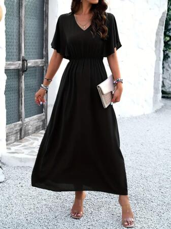 Kadın Kısa Kollu V Yakalı Beli Lastikli Uzun Viskon Elbise - 4